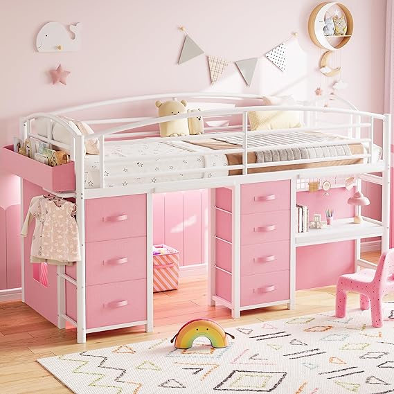 Twin Low Loft Bed with 7 Storage Drawers, Desk & LED Lights