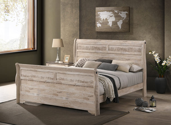 Roundhill Furniture Imerland Contemporary White-wash Finished 6-Piece Sleigh Headboard Bedroom Set, Queen