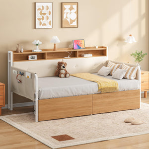 Twin Daybed with Storage Drawers, Upholstered Headboard & Charging Station