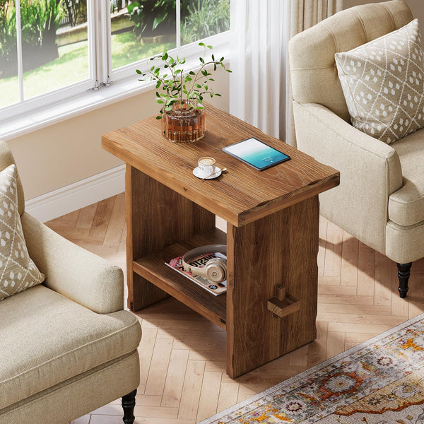 2-Tier Solid Wood End Table with Open Shelves