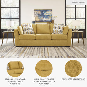 Modern Upholstered 3-Seat Sofa with Accent & Bolster Pillows – Yellow