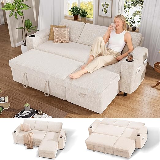 Chenille Sectional Sleeper Sofa with Storage Chaise