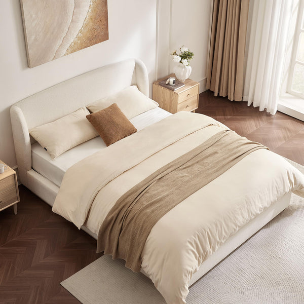 Queen Size Upholstered Platform Bed with Wingback Headboard