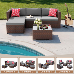 5-Piece Outdoor Wicker Sectional Patio Set with Cushions & Glass Table