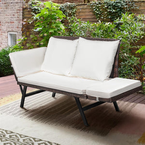 Outdoor Rattan Convertible Sofa Daybed with Adjustable Armrests