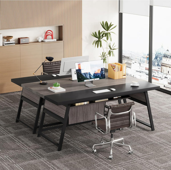 63-Inch Double Desk with LED Light & Storage Shelf