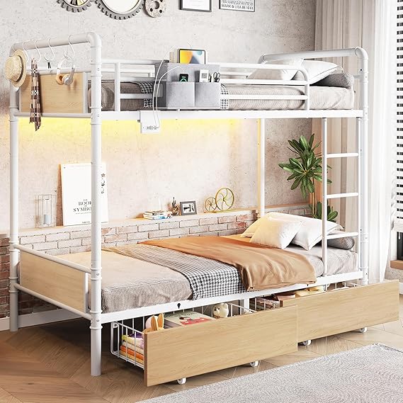 Twin Over Twin Metal Bunk Bed with LED Lights, Storage Drawers & USB Charging