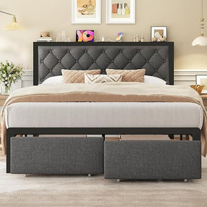 Metal Platform Bed Frame with Storage Drawers & Charging Station