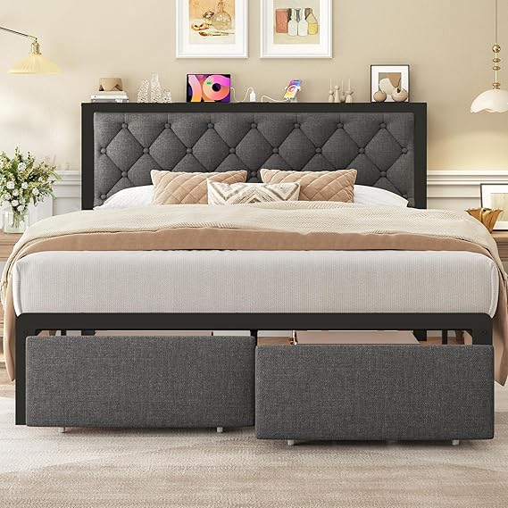 Metal Platform Bed Frame with Storage Drawers & Charging Station