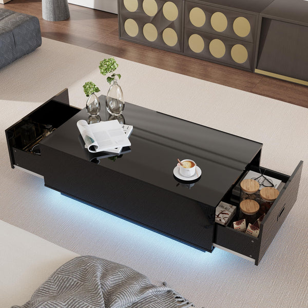 41" LED Coffee Table with 2 Drawers – High Gloss Black