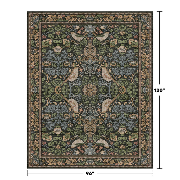 Vintage Floral Bird Area Rug 8x10 – Washable, Non-Slip, Low Pile