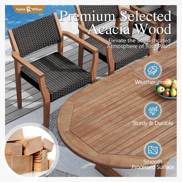 9-Piece Expandable Acacia Wood Patio Dining Set with Rattan Chairs