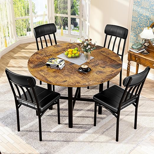 Round Dining Table Set for 4 with Faux Leather Chairs