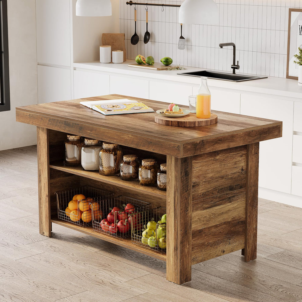 55-Inch Farmhouse Kitchen Island with Storage Shelf
