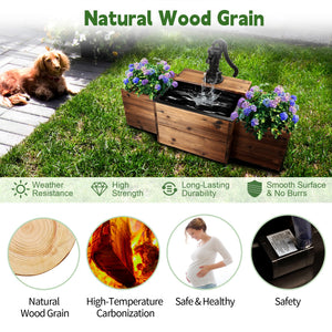 Outdoor Wooden Water Fountain with Hand Pump & Flower Box