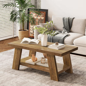 2-Tier Farmhouse Coffee Table with Storage – 47" Rustic Wood, Retro Brown