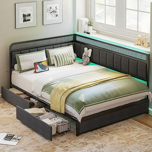 Corner Bed Frame with Storage Drawers, LED Lights & Charging Station