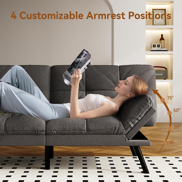 Convertible Futon Sofa Bed – Grey Linen with Adjustable Backrest & Armrests