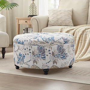 Round Storage Ottoman with Button Tufted Lid – 30 Inch Upholstered Footrest
