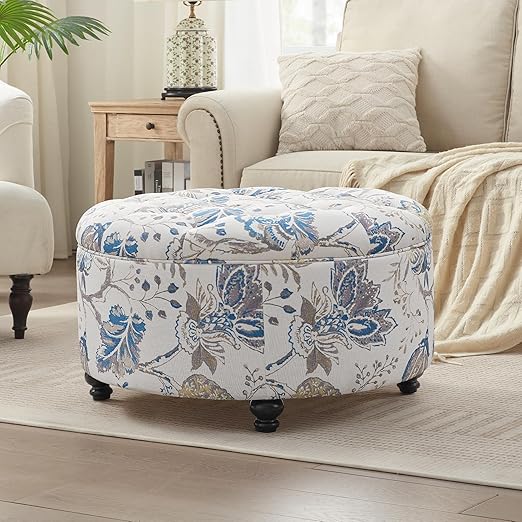 Round Storage Ottoman with Button Tufted Lid – 30 Inch Upholstered Footrest