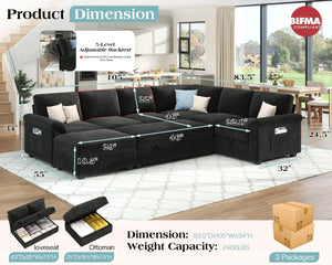 105" Sectional Sleeper Sofa with Pull-Out Bed & Reclining Backrest, 6-Seat Storage Couch