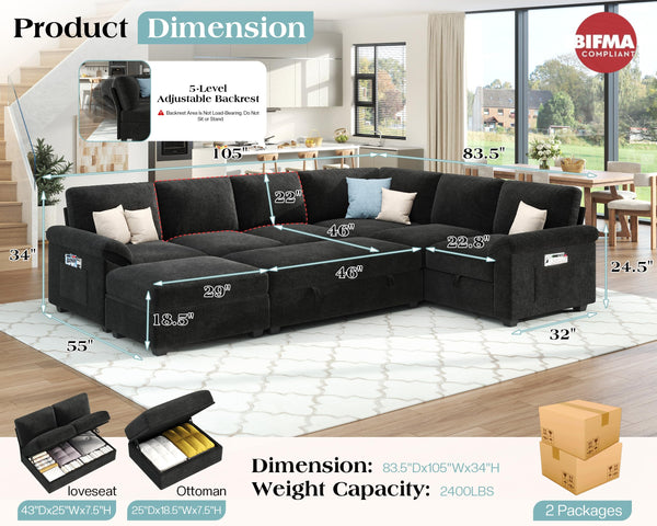 105" Sectional Sleeper Sofa with Pull-Out Bed & Reclining Backrest, 6-Seat Storage Couch