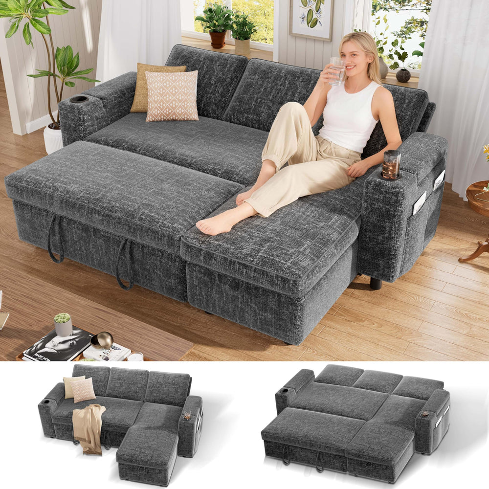 Chenille Sectional Sleeper Sofa with Storage Chaise