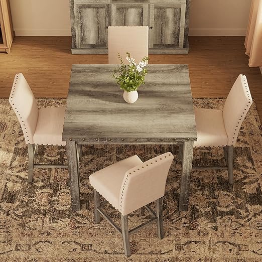 Counter Height Dining Table Set with Bar Stools – Farmhouse Square Kitchen Pub Table & Chairs