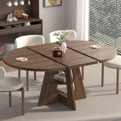 Round Extendable Dining Table 47.2"–63" with Storage Shelf, Walnut