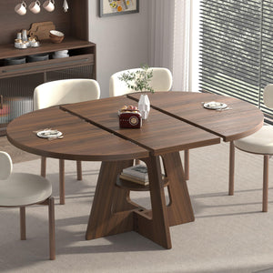 Round Extendable Dining Table 47.2"–63" with Storage Shelf, Walnut