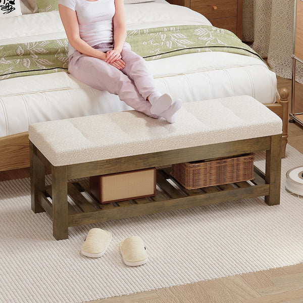 Tufted Linen Ottoman Bench with Wood Shelf