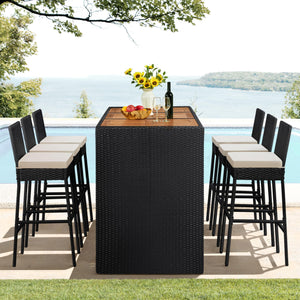 7-Piece Outdoor Wicker Bar Set with Acacia Wood Table