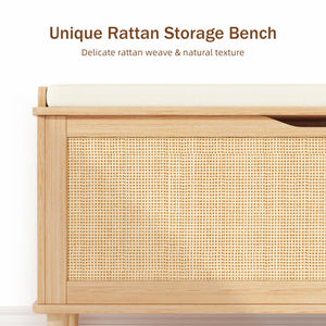 Keehusux 47.2" Rattan Storage Chest with Padded Seat Cushion, Extra Large Storage Bench with 2 Safety Hinges, Storage Trunk with Solid Wood Legs & Rounded Corners for Entryway, Bedroom, Natural Oak