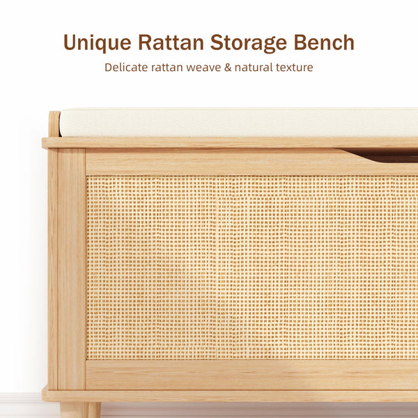 Keehusux 47.2" Rattan Storage Chest with Padded Seat Cushion, Extra Large Storage Bench with 2 Safety Hinges, Storage Trunk with Solid Wood Legs & Rounded Corners for Entryway, Bedroom, Natural Oak