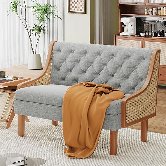 Mid-Century Modern Loveseat Sofa with Natural Rattan Arms & Upholstered Cushions