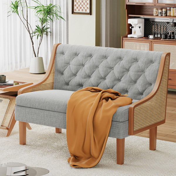 Rattan Arm Loveseat Settee – Upholstered Mid-Century Modern Bench Sofa