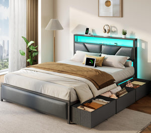Queen & Full Platform Bed with Storage Headboard, LED Lights & Charging Station