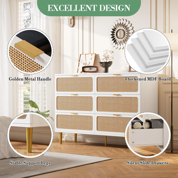 Rattan 6-Drawer Dresser – Boho Farmhouse Chest of Drawers