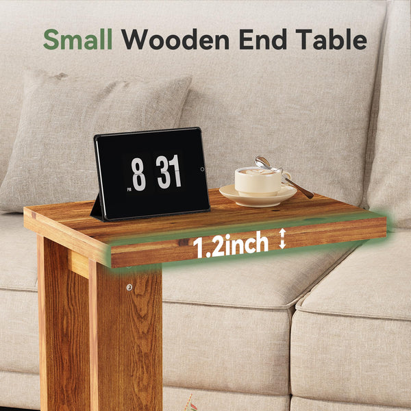 Solid Wood C-Shaped End Table with 2-Tier Storage