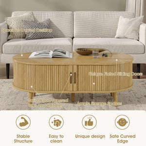 Oval Coffee Table with Sliding Tambour Door & Hidden Storage