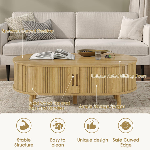 Oval Coffee Table with Sliding Tambour Door & Hidden Storage