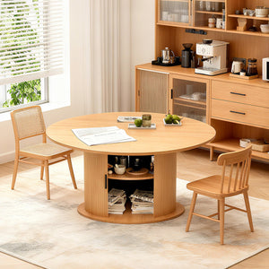 63 Inch Extendable Round Dining Table with 2-Tier Storage Shelf