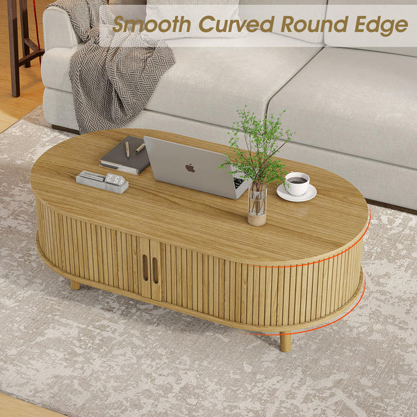 Oval Coffee Table with Sliding Tambour Door & Hidden Storage