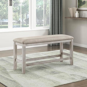 Upholstered Dining Bench with Wood Frame – Light Gray Fabric, Antique White Finish