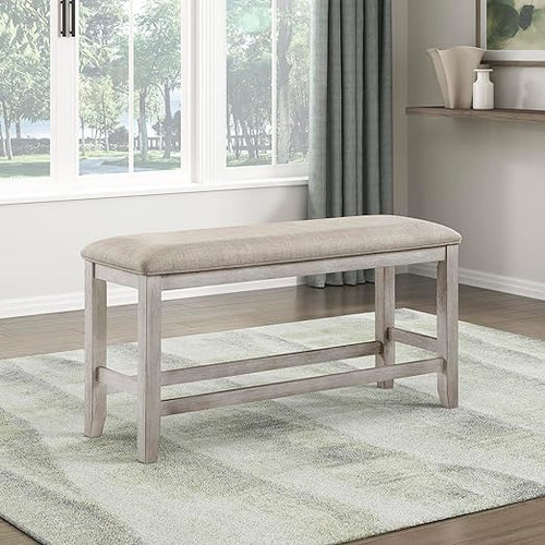 Upholstered Dining Bench with Wood Frame – Light Gray Fabric, Antique White Finish
