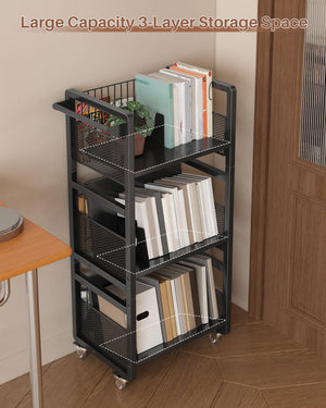 3-Tier Double-Sided Rolling Book Cart with Magnetic Supports
