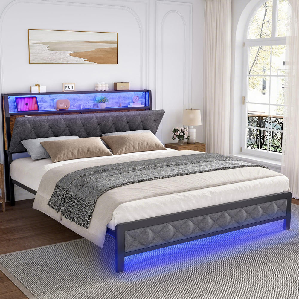 Queen Size Upholstered Bed Frame with LED Lights & Storage Headboard
