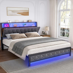 Queen Size Upholstered Bed Frame with LED Lights & Storage Headboard