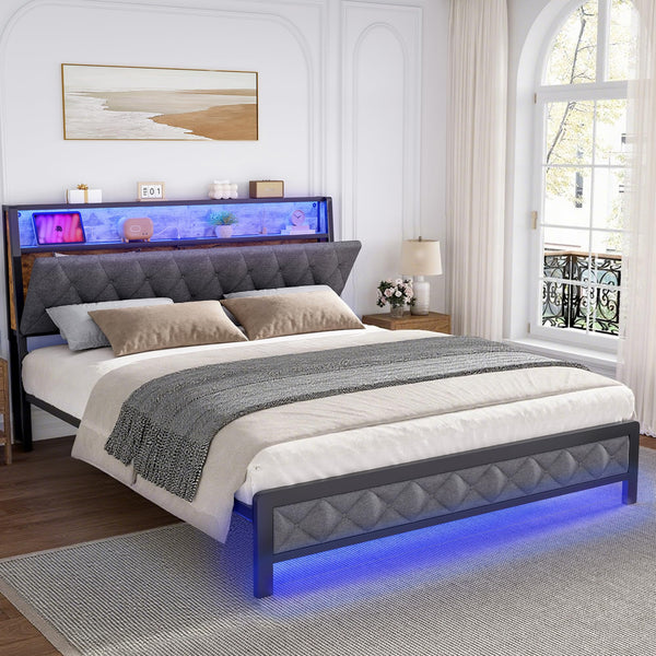 Queen Size Upholstered Bed Frame with LED Lights & Storage Headboard