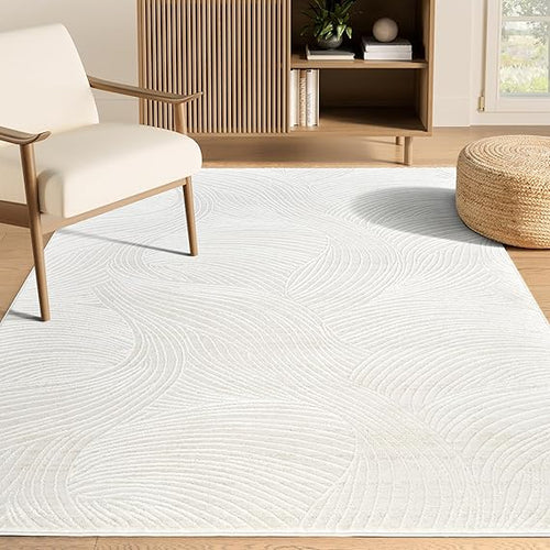 Cream Wave Texture Area Rug – Polypropylene, Rectangular, Multiple Sizes